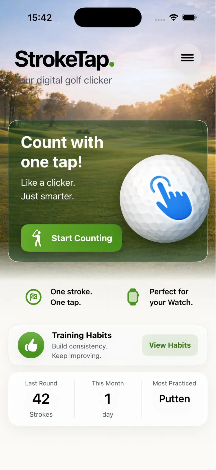 StrokeTap home screen with Start counting and Training Habits