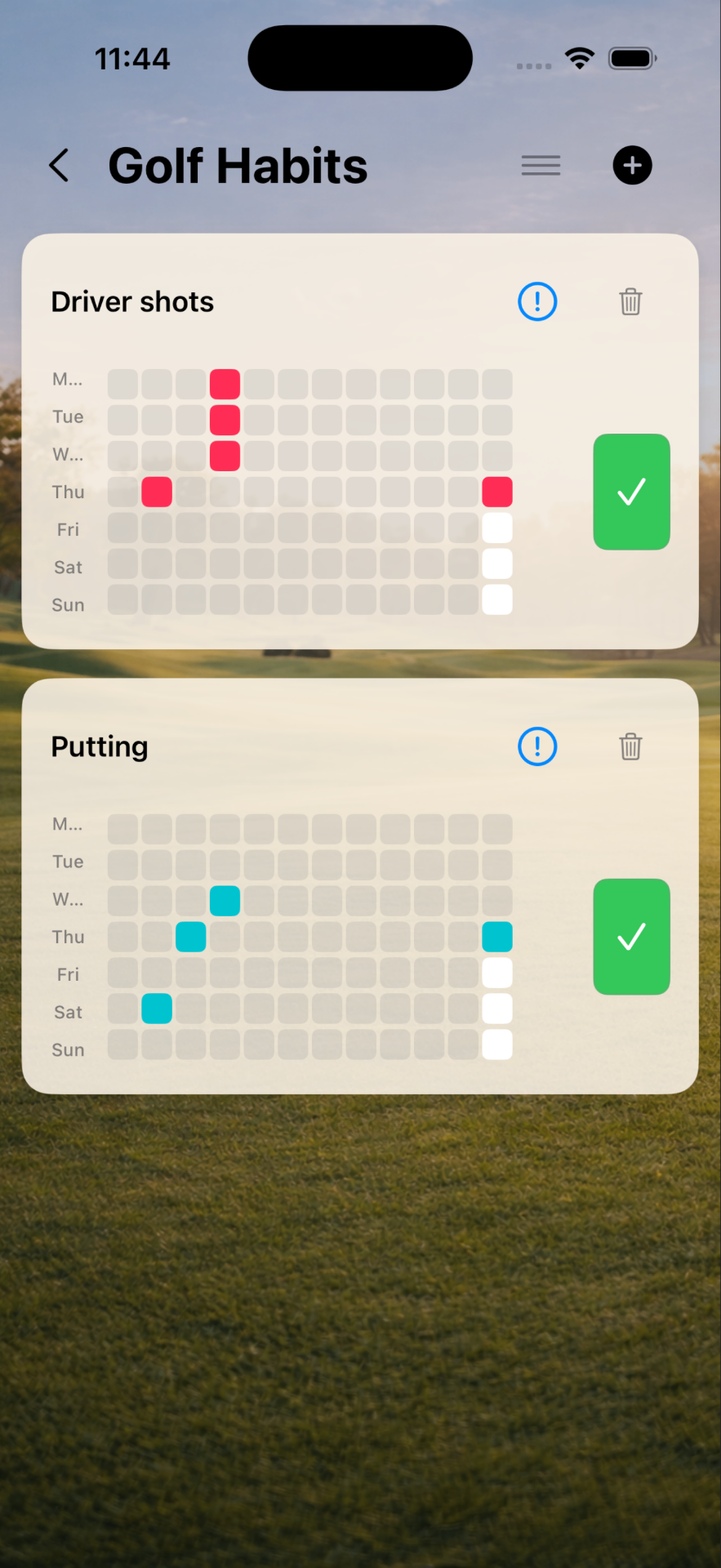 Golf habits: driver strokes and putting as a weekly grid with streaks
