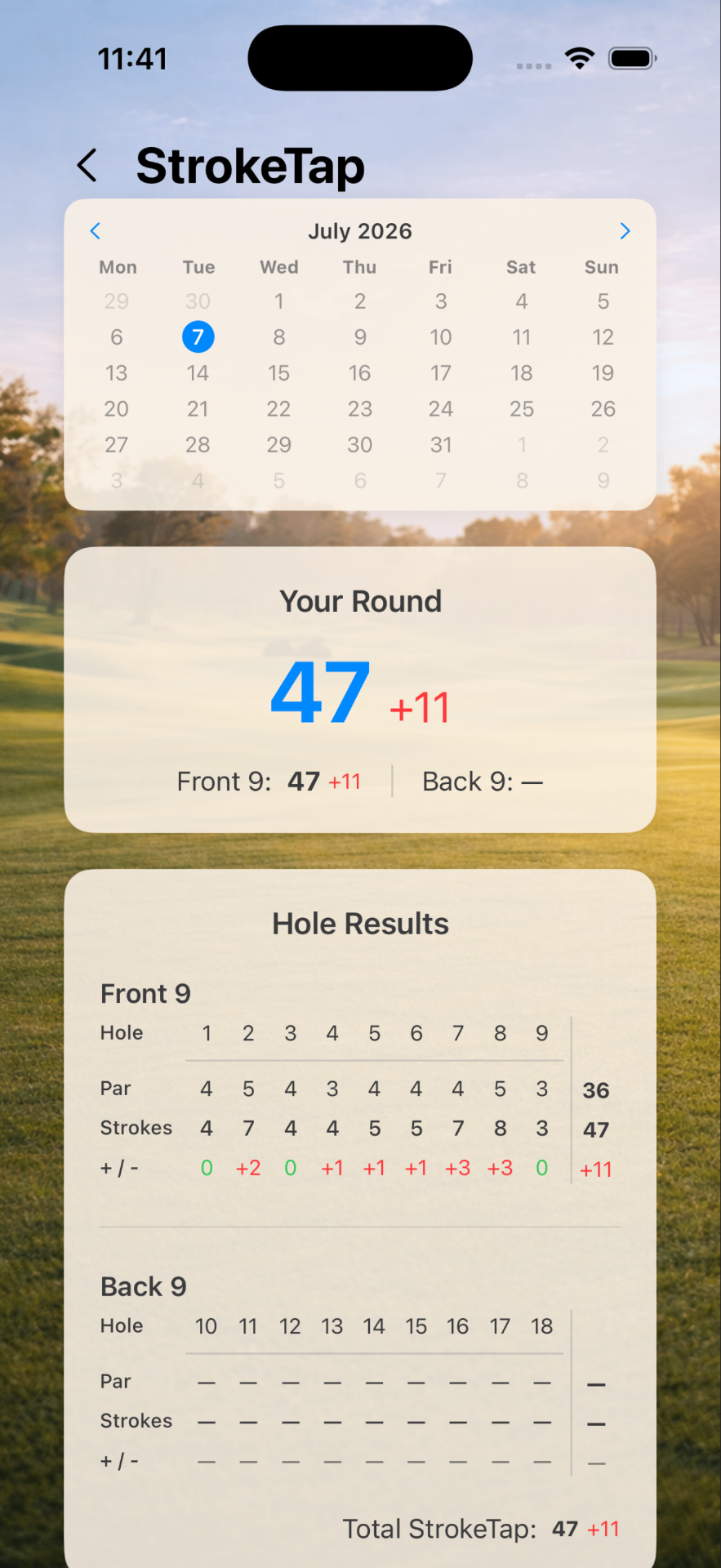Round overview with calendar, total score and hole results