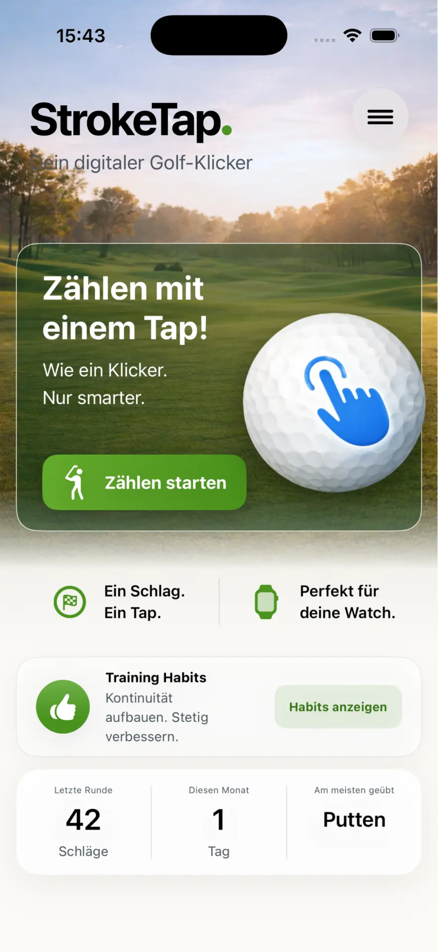 StrokeTap Startbildschirm mit Zählen starten und Training Habits