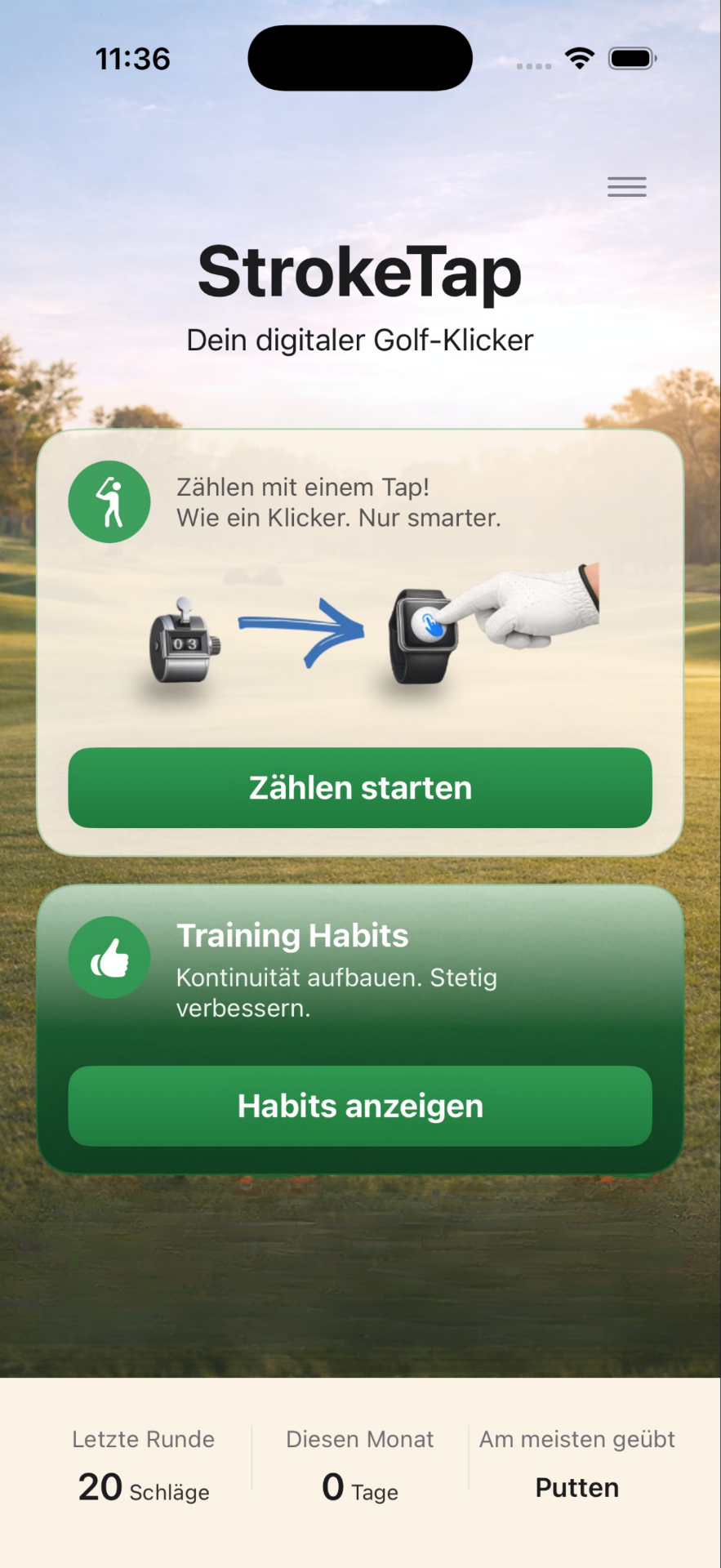 StrokeTap Startbildschirm mit Zählen starten und Training Habits